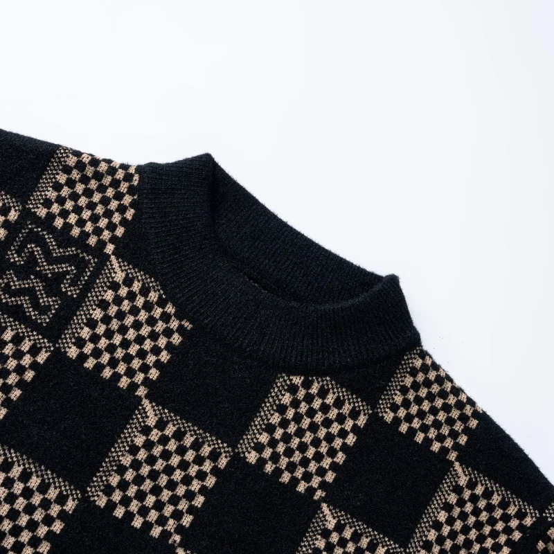 Men's Crystal Short Velvet Anti-Pilling Knit Sweater Checkerboard Jacquard Crewneck Pullover Long Sleeve Warm Soft Autumn Winter