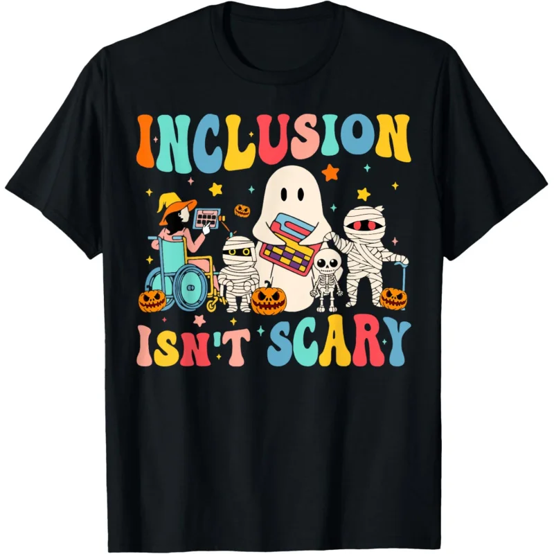 

Inclusion Isn't Scary Teacher Skeleton Ghost Cute Halloween T-Shirt Unisex