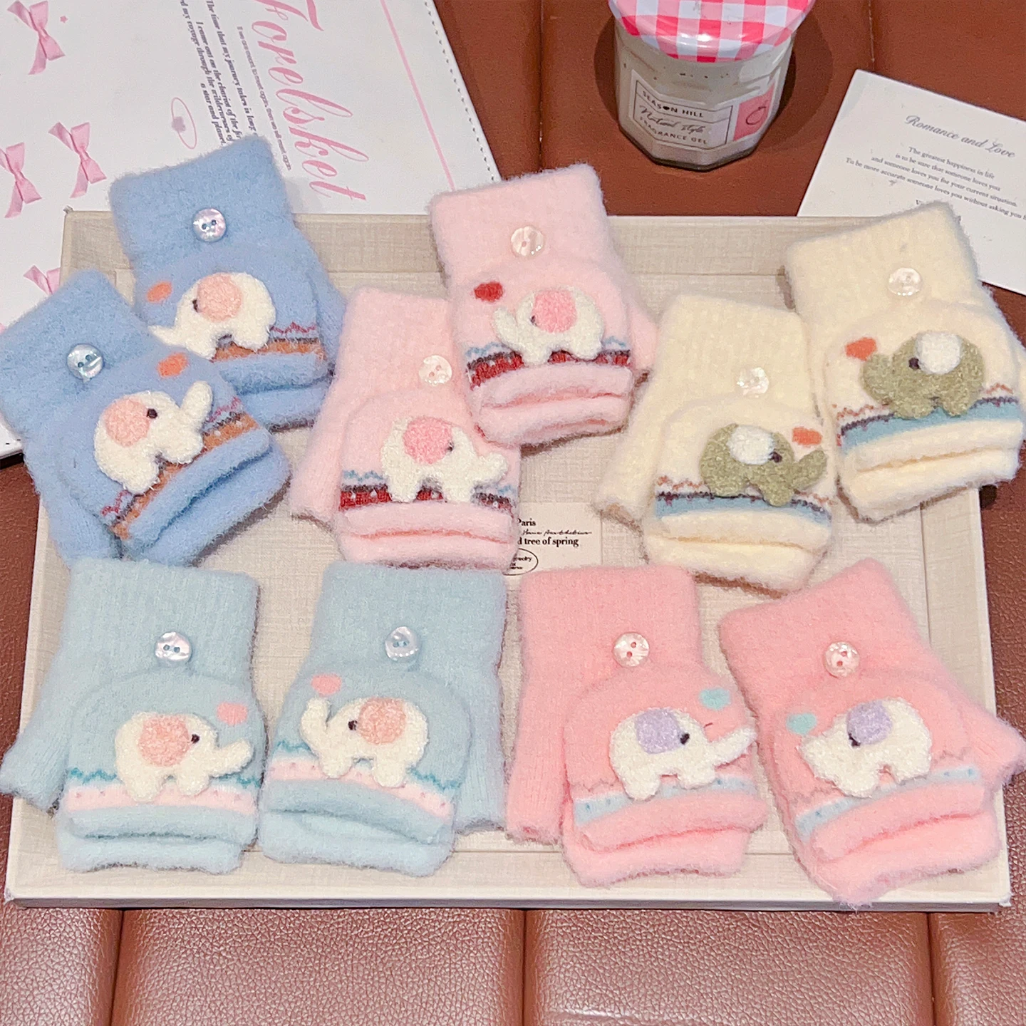 0-3 Jahre, neue koreanische Winter-Handschuhe mit Cartoon-Elefanten-Motiv für Jungen und Mädchen, aus Kunstfellimitat, 2-in-1-Handschuhe mit halben und vollen Fingern, Kindergeschenk. – Detail 1