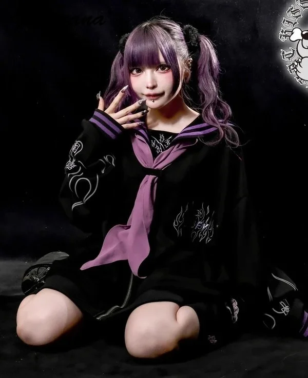 Japanese Harajuku Style Subculture Sailor Collar Oversized Zip-up Jacket Coat New Autumn Womens Embroidered Cardigan Hoodie Coat