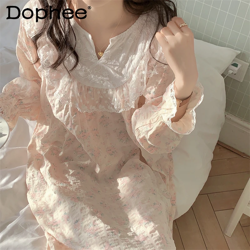 

Japanese Style Small Floral Cute Lace Trim Nightdress for Women Spring and Autumn Sweet Long Sleeve Cotton Linen Homewear Set