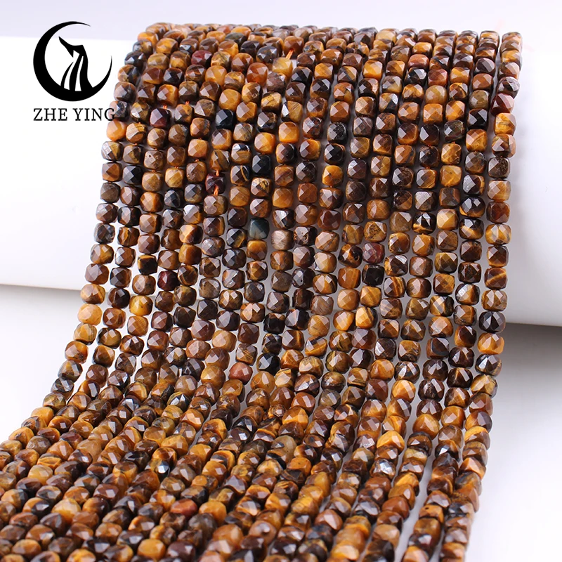 Zhe Ying 4x4mm Natural Tiger Eye Beads Loose Faceted Square Cube Gemstone Beads for Bracelet DIY Accessory Strand 15''