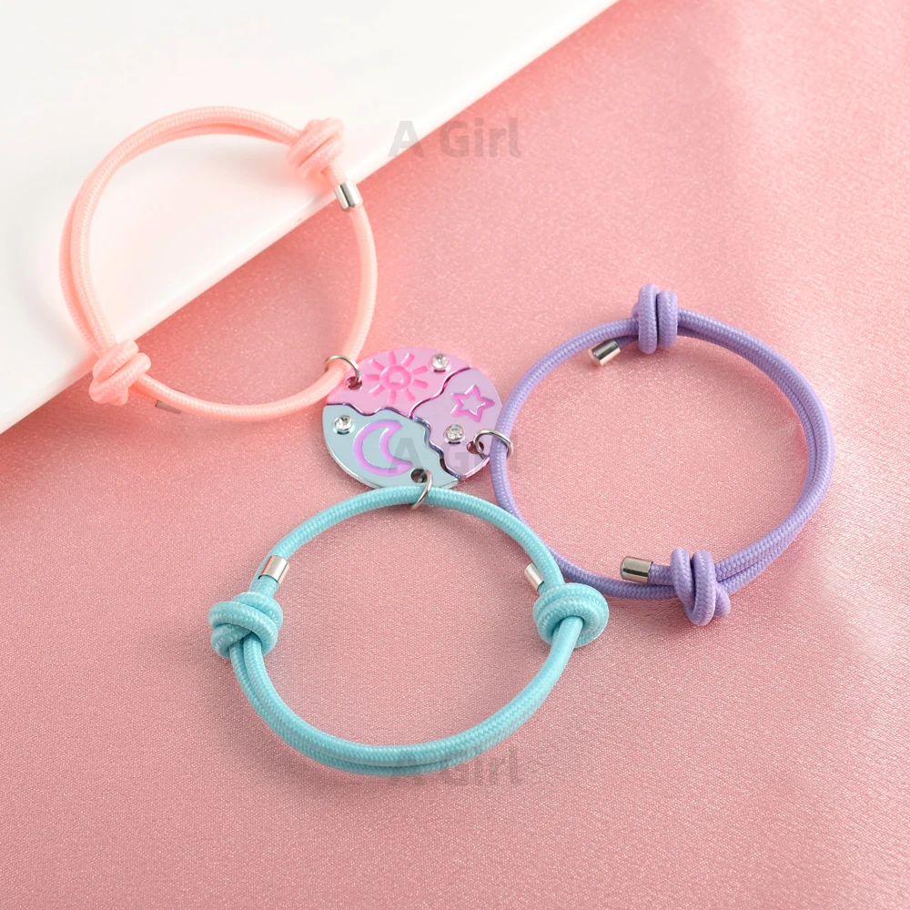 A Girl 3Pcs/set Multicolour Star Moon Sun Circular Splicing Best Friend Bracelet for Girls Fashion Friendship Gifts