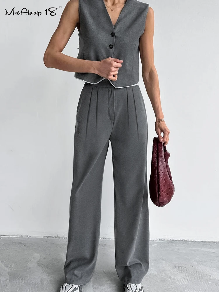 Mnealways18 Gray Pleated Pants Suits Spliced Two Pieces Office Outfits Blazers Tops Women Long Pants 2-Piece Sets Summer 2024