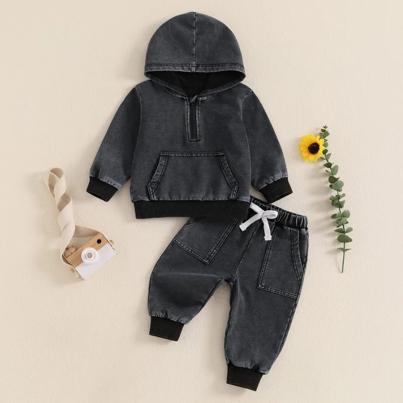 RUEWEY 3 Months to 3 Years Baby Boy Pants Sets Spring Autumn Clothes Denim Long Sleeve Hoodie with Elastic Waist Sweatpants