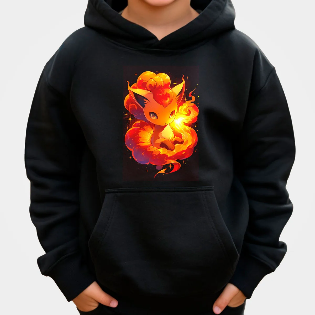 Pokemon Anime Sylveon Cotton Hoodie Black with Pink Blue Yellow Colorful Splash Pattern Loose Fit Casual Style​