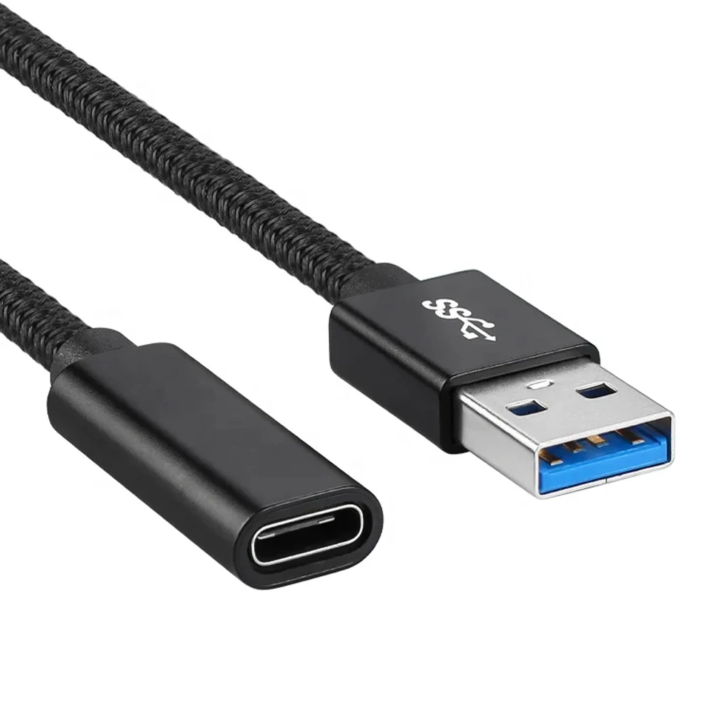 USB C타입 암에서 USB 3.0 수 어댑터 케이블, 검은색 편조 익스텐션 케이블, 최대 10Gbps