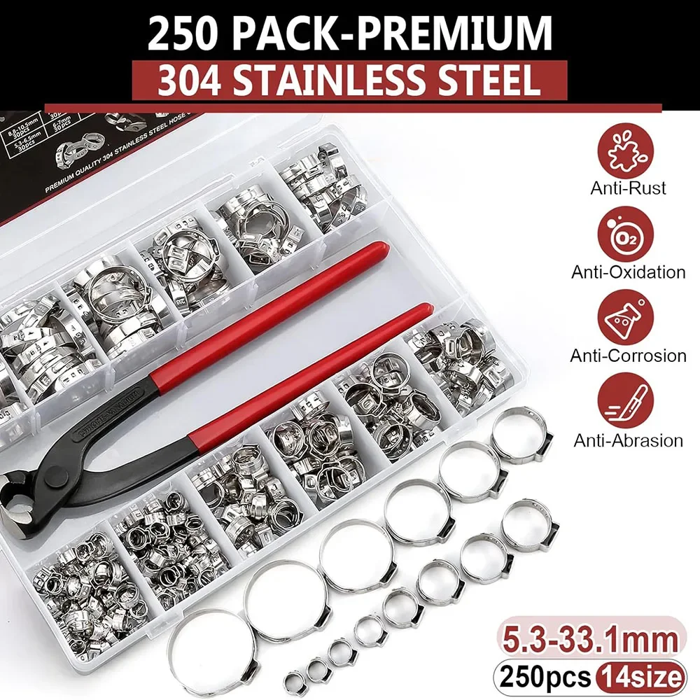 

250PCS 304 stainless steel single ear hose clamp combination kit -12 sizes (5.3-33.1mm) of clamps suitable for car pipelines