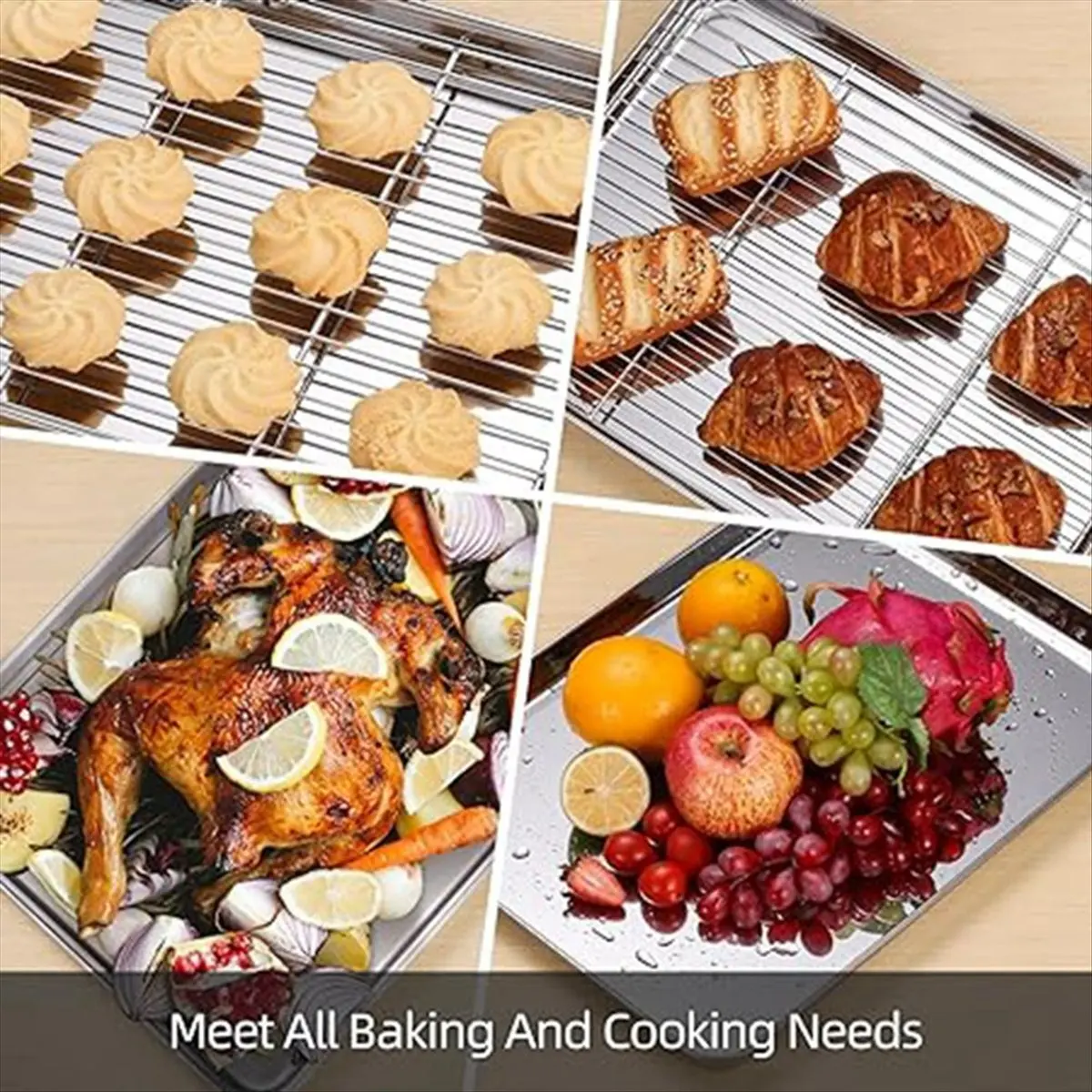 Flat Bottom Drain Tray, Barbecue Tray, Grid Rack, Draining and Preparation Tray, Baking Tray with Cooling Rack Set-AT35