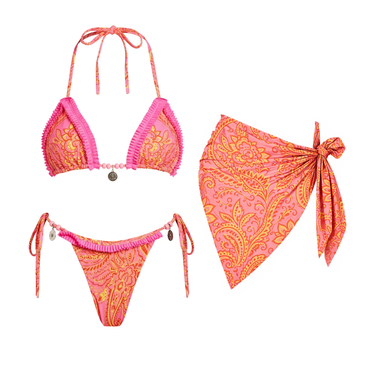 Sexy 3Pieces Bikini Women 2026 Swimsuit Printed Swimwear Sarong Cover Up Bathing Suits Micro Bikinis Beachwear Bandeau Biquini