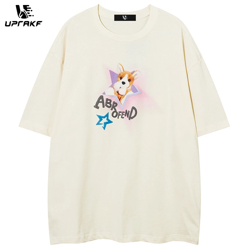 

UPRAKF Letter Print Cute Dog Graphic Short Sleeve T Shirt Oversize Casual Loose Hip Hop Pure Cotton High Quality Tops Fashion