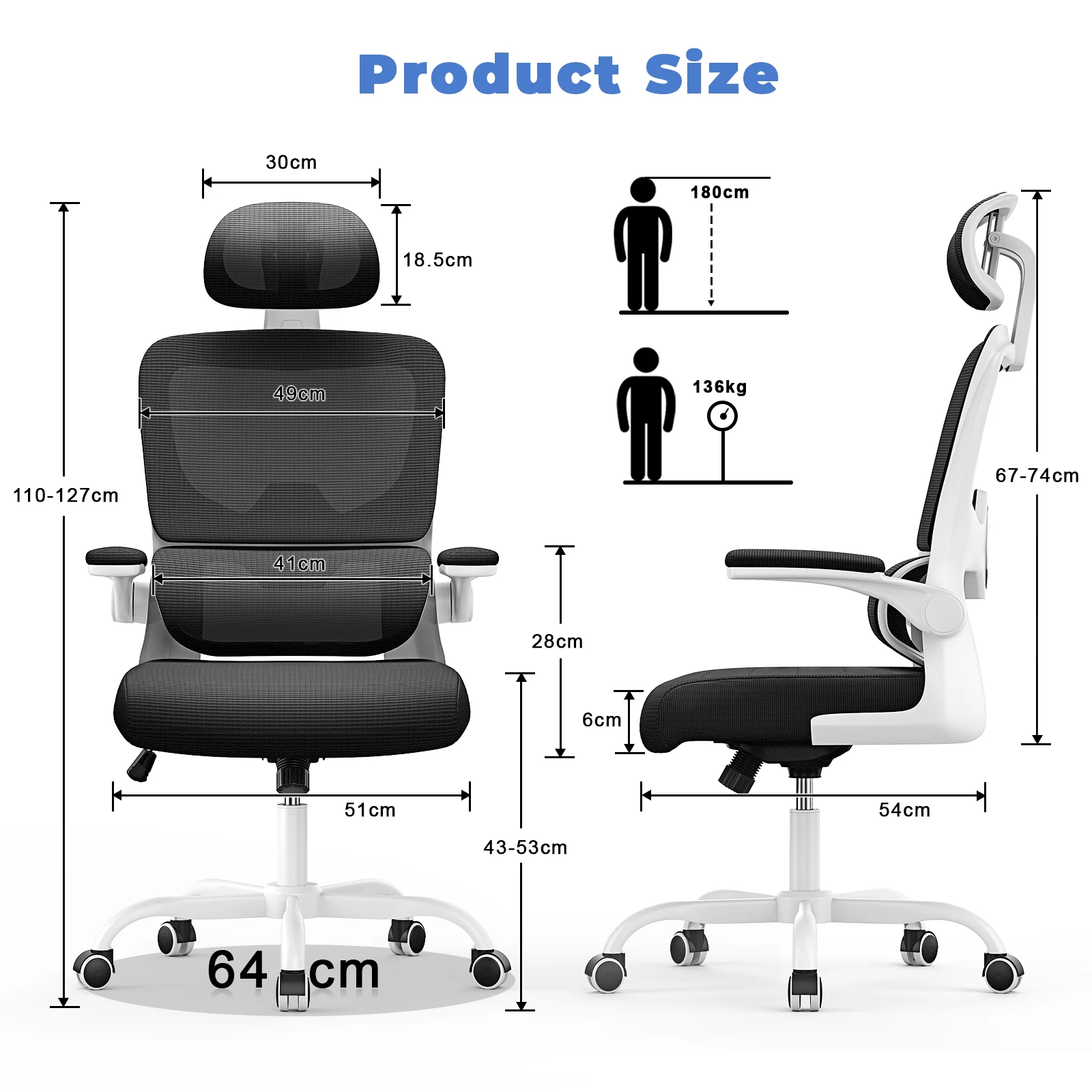 Ergonomischer Bürostuhl mit Lordosenstütze, Chefsessel mit hoher Rückenlehne, drehbarer Schreibtischstuhl, Computer-Arbeitsstuhl, Mesh-Gaming-Stuhl