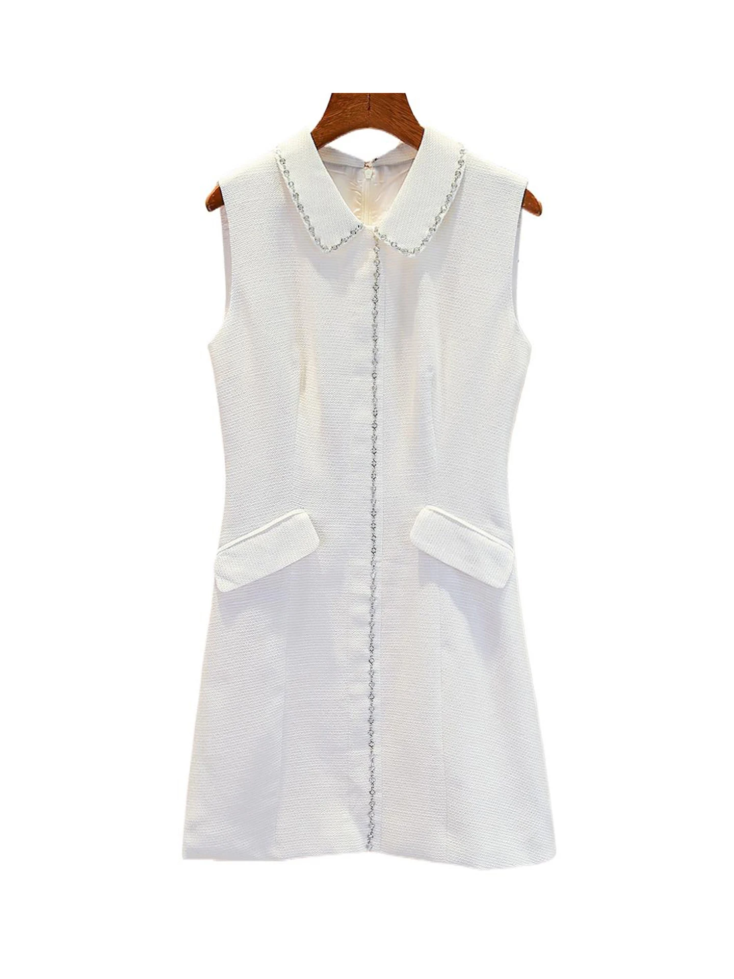 فستان أنيق بدون أكمام مزين بالخرز لخريف راقٍ، تصميم ضيق عند الخصر، طراز أنيق للعمل، طول متوسط بقصة A للنساء الشابات