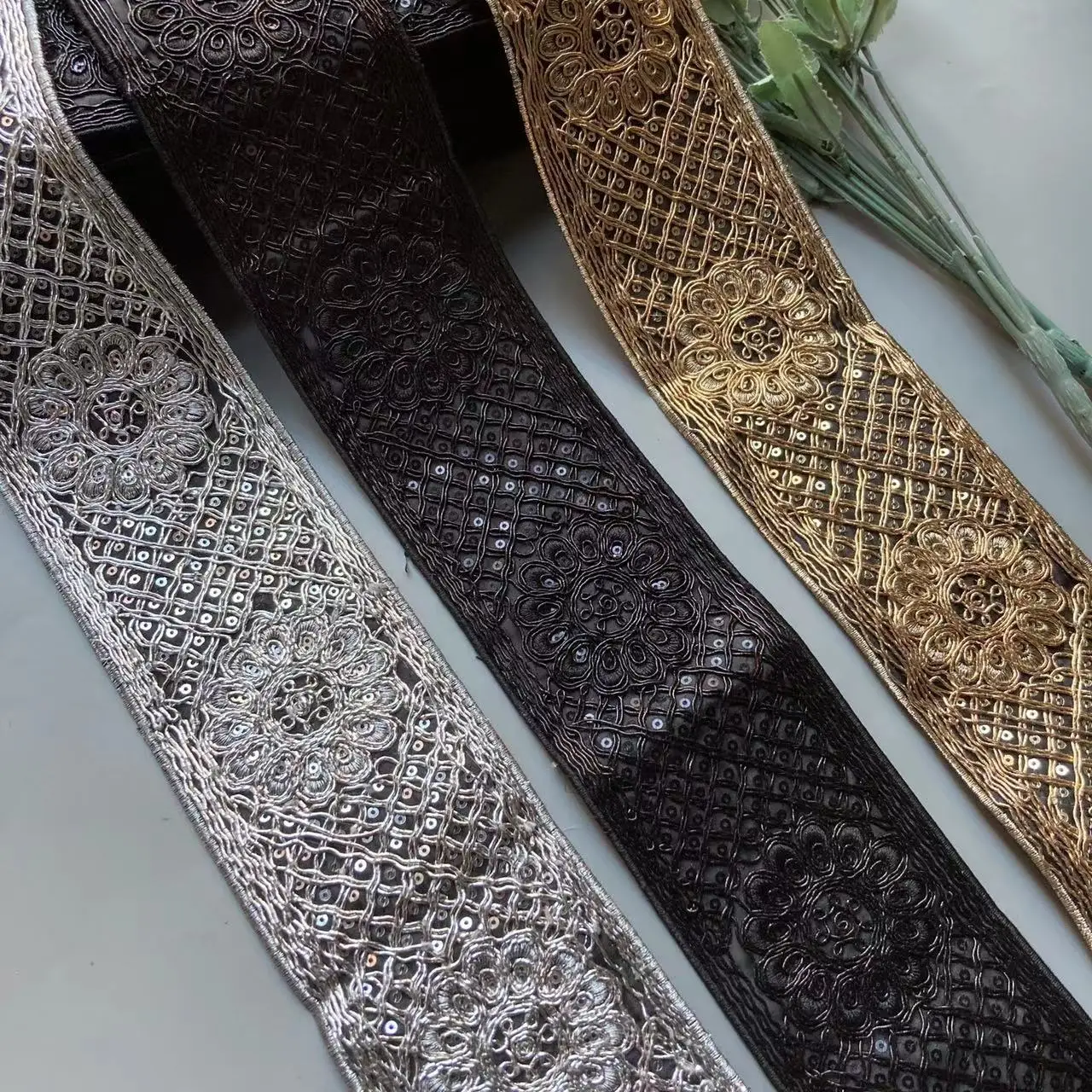 

2 Yards Ethnic Black Silver Gold Thread Sequins African Lace Trims Geometric Lace Ribbon DIY Sewing Dress Decoration Bridal Lace