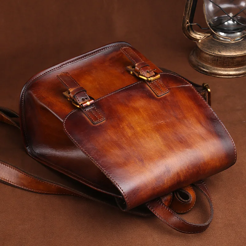 Vintage Genuine Leather Backpack Women Real Cow Leather Bagpack Brown Ladies Cowhide Double Shoulder Bag