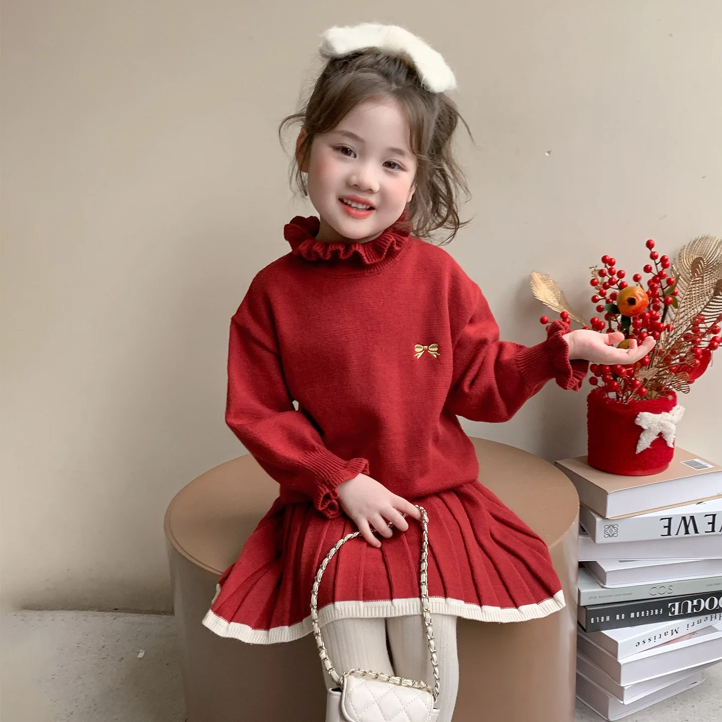 Girls' High Neck Woolen Dress Two-piece Set for Spring and Autumn, New Korean Small Fragrance Style Set