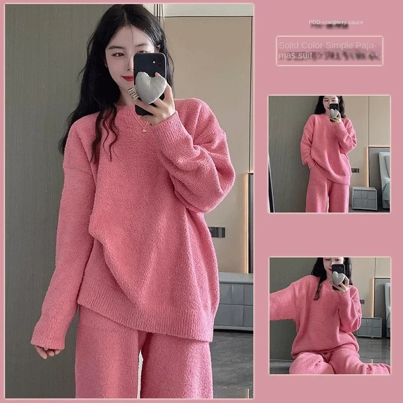 Pajamas Female Japanese Series Loose Thickening Type Warm Flannel  A Loungewear Set Online Celebrity Winter Sweet Coral Fleece