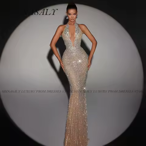 Luxury Diamond Women's Evening Dresses Beading Crystals Wedding Party Dress Formal Sleeveless Prom Gown Vestidos Customized