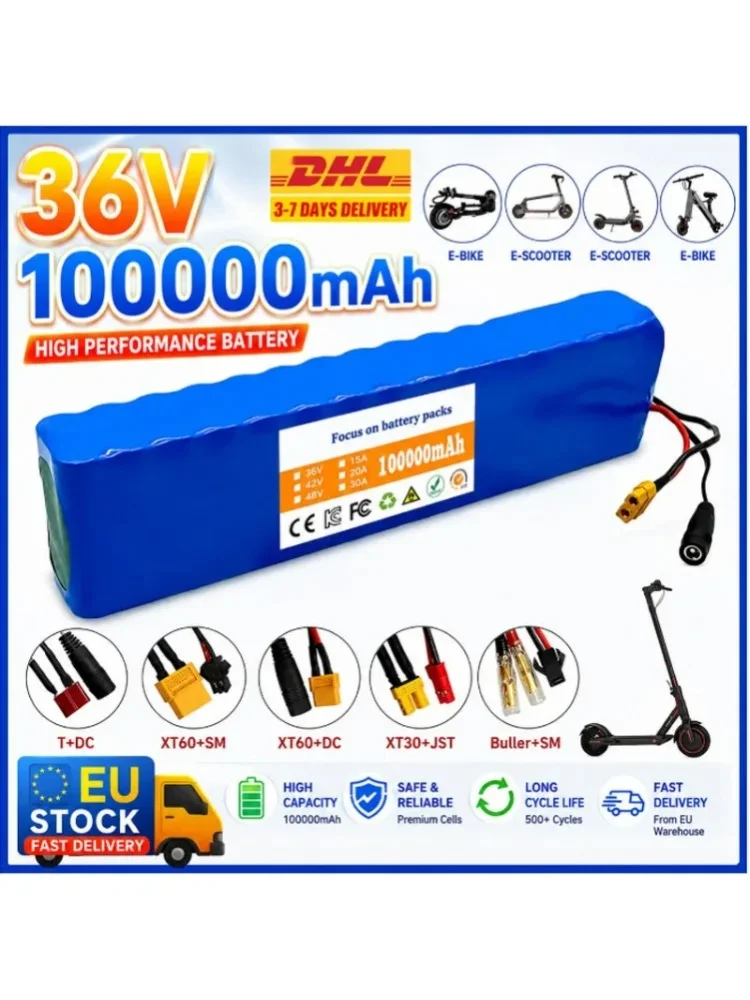 Neuer A-Klasse 18650 Lithium-Ionen-Akku 36V 100000mAh 10S3P 500W Multi XT60 JST Autostecker Ersatzakku für E-Scooter E-Bike