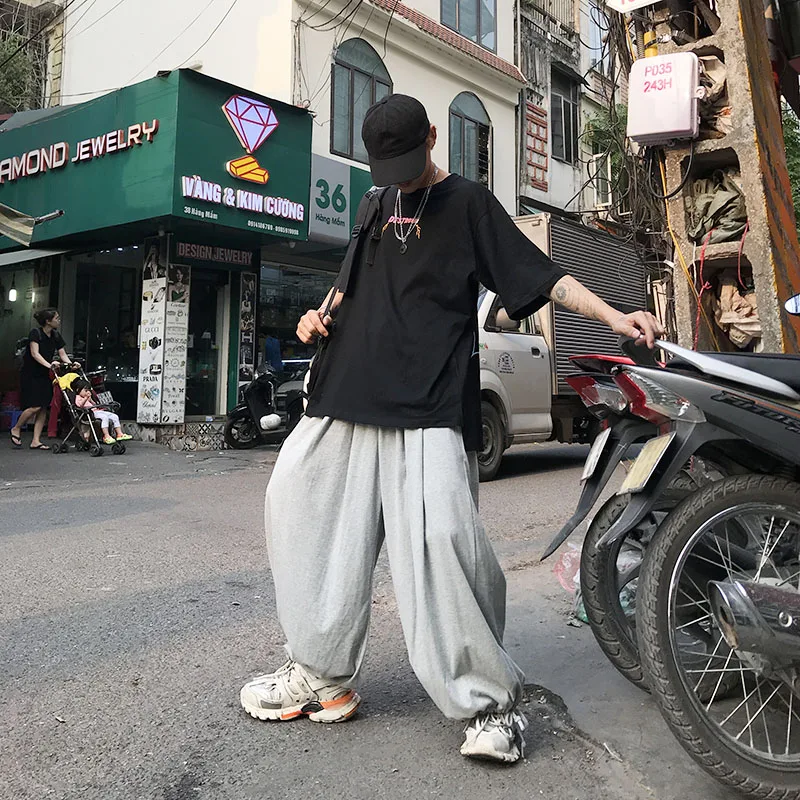 Celana Harem Pengendara Sepeda Motor Uniseks Celana Olahraga Hip Hop Streetwear Pria Celana Panjang Tari Pas Longgar Besar Celana Pasangan Manset Tali