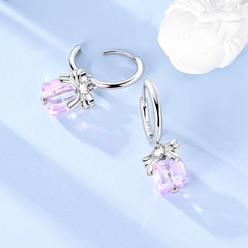 2024 New 925 Sterling Silver Sparkling Pink Bow Stud Earrings & Pavé Dangle Hoop Earrings For Girl Sweet Romantic Jewelry Gift