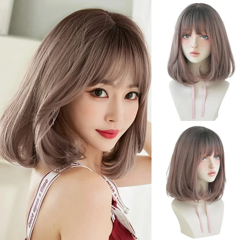 

36CM Short Wig Air Bangs Shoulder Length Straight Hair Inner Buckle End Full Top Hair Cover Natural Fluffy Collarbone Curly Hair