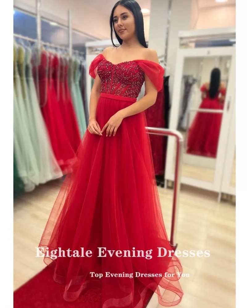 Eightale Red Prom Vestidos Fora do Ombro Frisado Apliques A Linha De Tule Até O Chão Evening Party Gows Custom Made