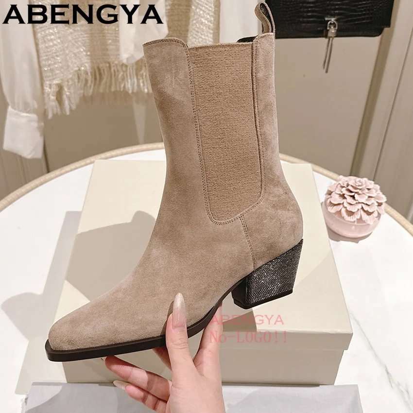 

Сексуальные ботильоны на высоком каблуке, женские туфли для вечеринок с острым носком, женские туфли из коровьей замши на каблуке «котенок», вязаные короткие сапоги с бусинами