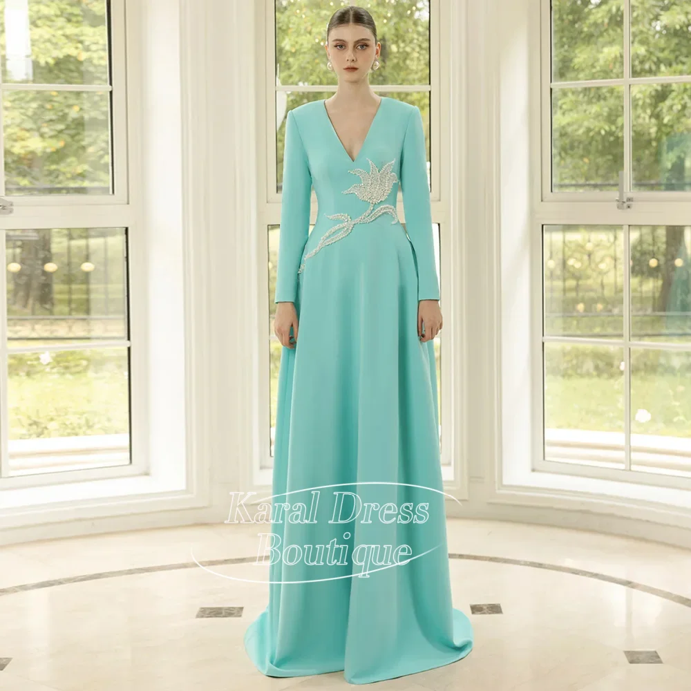 Abito da sera blu Tiffany Robe De Soiree Maniche lunghe personalizzate Scollo a V Paillettes A Line Abito da ballo Abiti da ballo formali