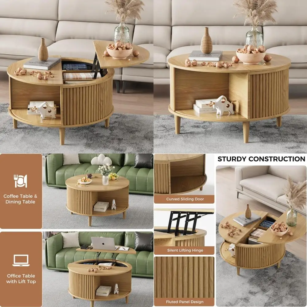 

Современный рифленый журнальный столик середины века с подъемным верхом и местом для хранения вещей, 31,5 для гостиной