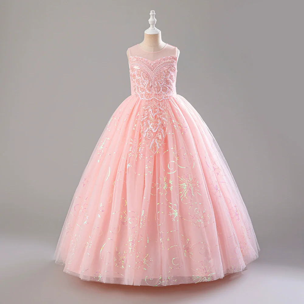 Fashion Kids Girls Sequin Dress Lace Sleeveless Flower Girl Dresses for Weddings Summer Children Girl Evening Gown 5-14 Years