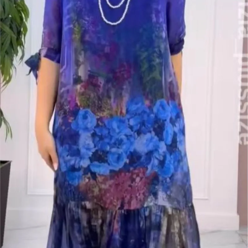 ชุดสตรี2025ขนาดใหญ่ใหม่แฟชั่นแขนค้างคาวO-คอหลวมพรหมปาร์ตี้พิมพ์Rufflesลูกไม้MidiชุดสําหรับVestidos