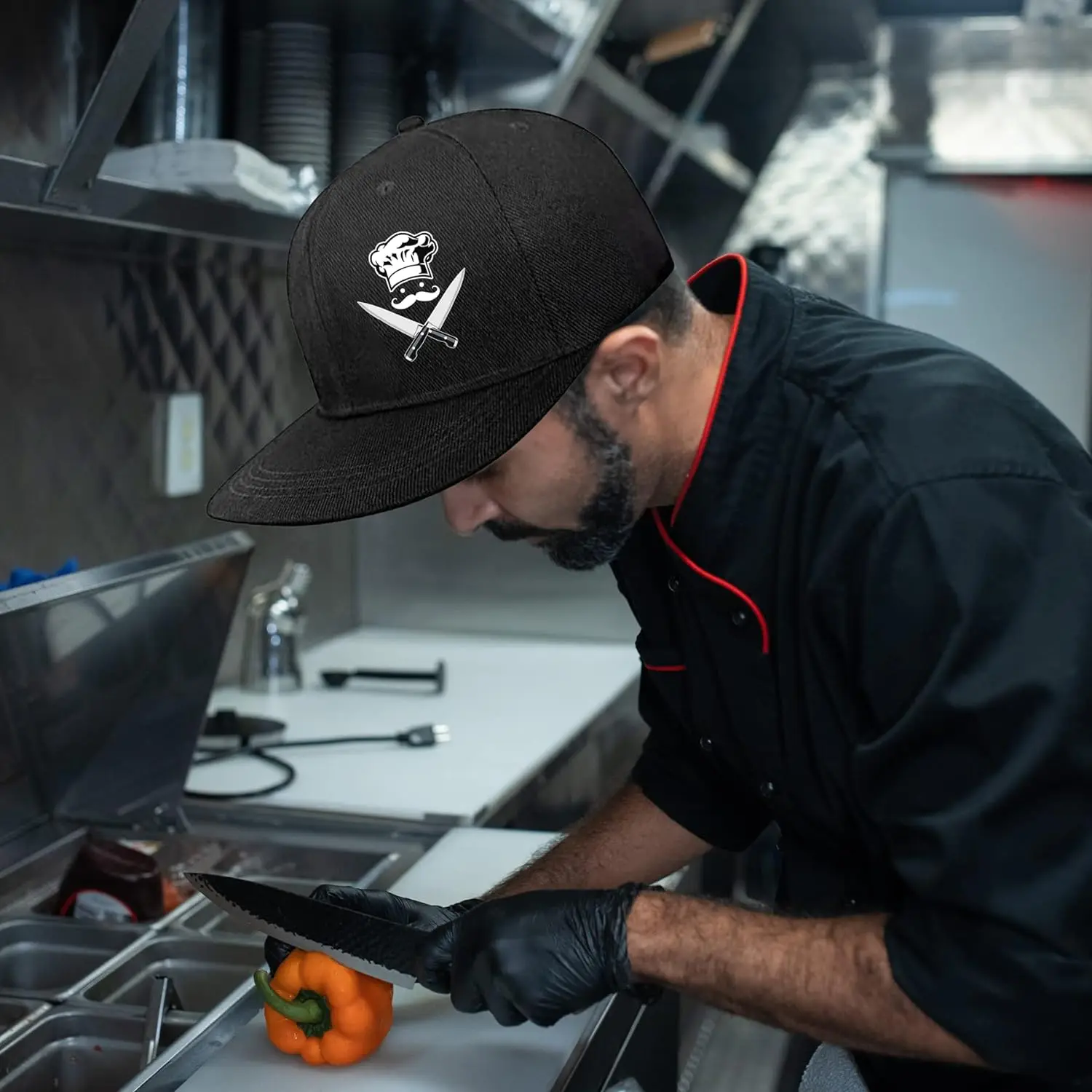 Chef Cooking Snapback Hats for Men Flat Bill Brim Hats for Women Fitted Hat Skull Hats Cool Adults Black Rock N Roll Caps