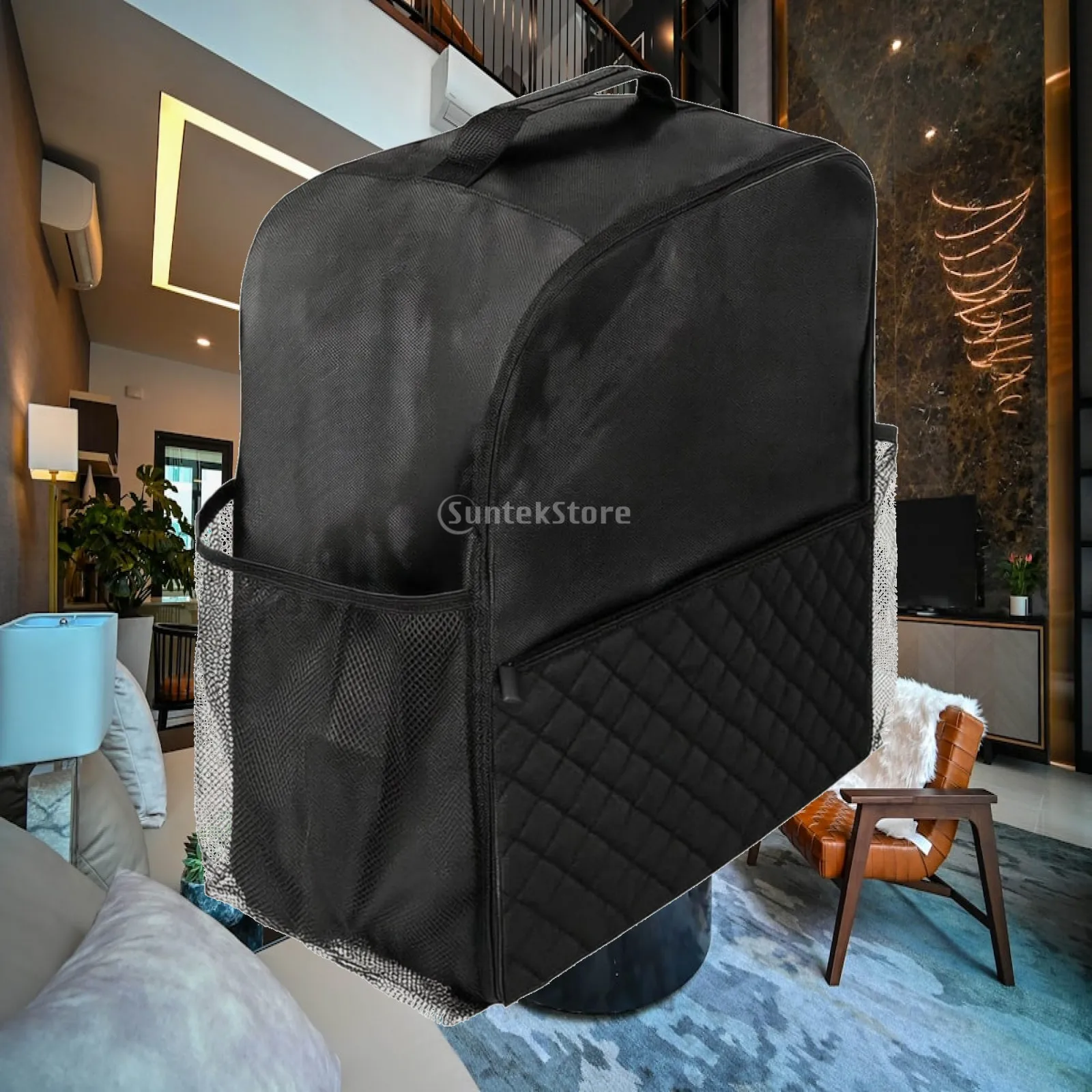 Quilted Smoothie Machine Cover for Ice Cream Maker Dust Protector with Handle and Side Pockets Black Oxford Storage Bag