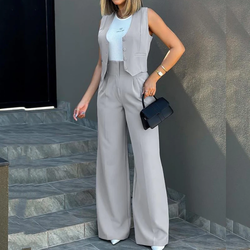 Casual Office Lady Solid New Spring Sleeveless Outfits Women Elegant V Neck Single-breasted Waistcoat Tops&High Waist Pants Set