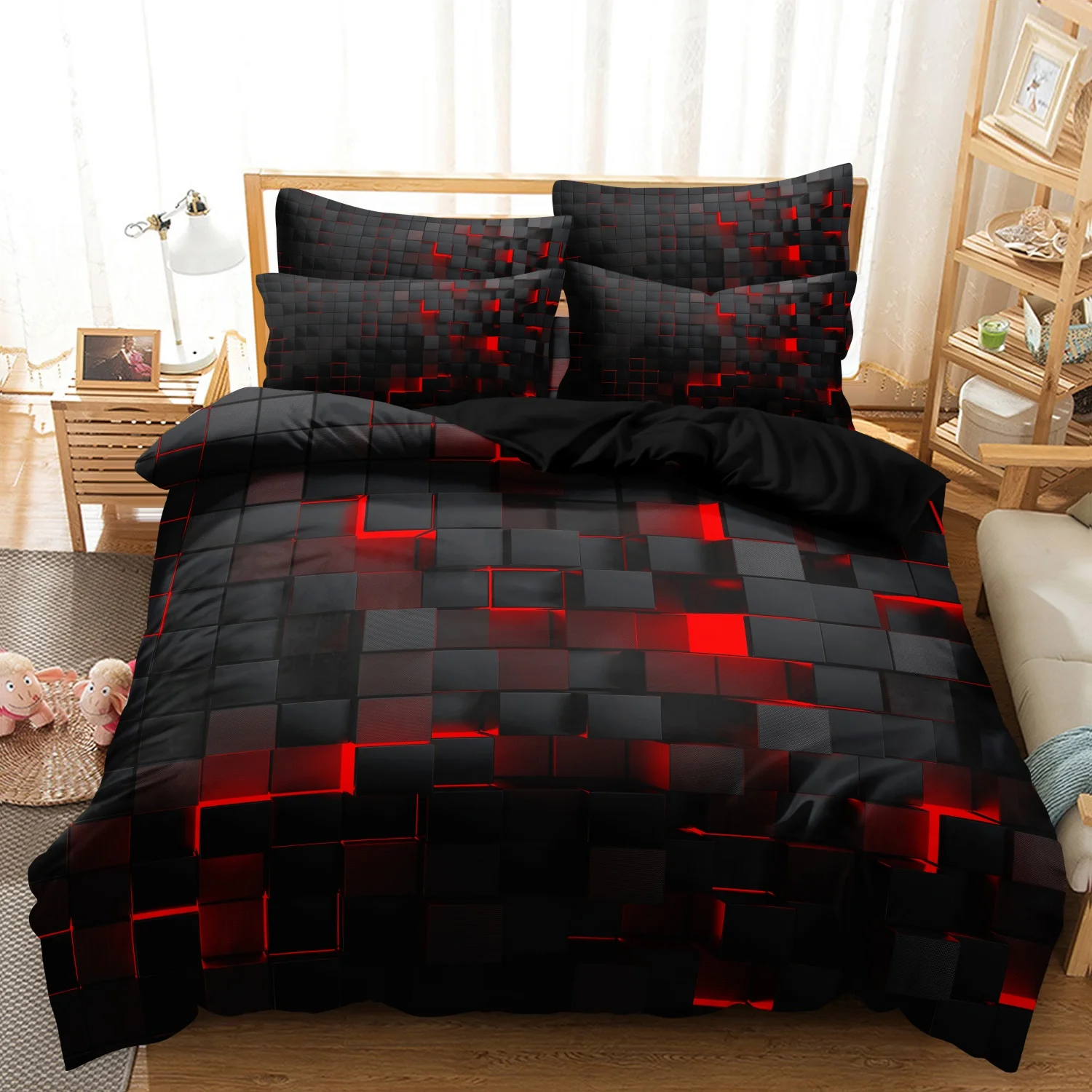 3pcs-black-red-grid-duvet-cover-set-geometric-square-block-printed-beddingfor-bedroom-home-decorationmultiple-sizes-available