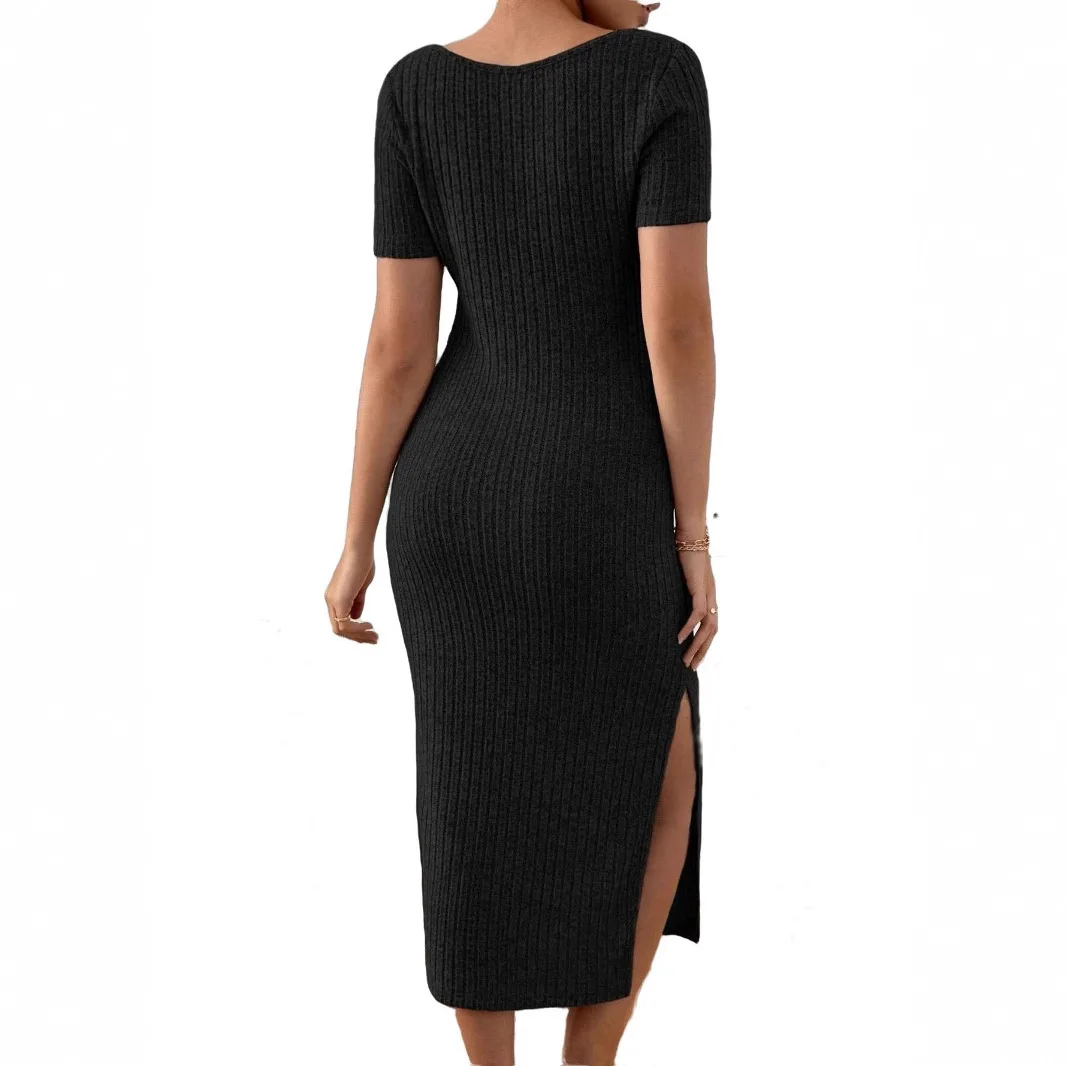 Pregnant Women Solid Knit Dress Maternity Slim Fit Short Sleeve Side Split Elegant Dresses Summer Casual Pregnancy Clothing