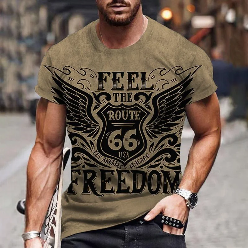 Vintage Men's T-Shirt Crew Neck Pullover Short Sleeve Top Route 66 Biker Print Oversized Clothing Street Casual T-Shirt For Men