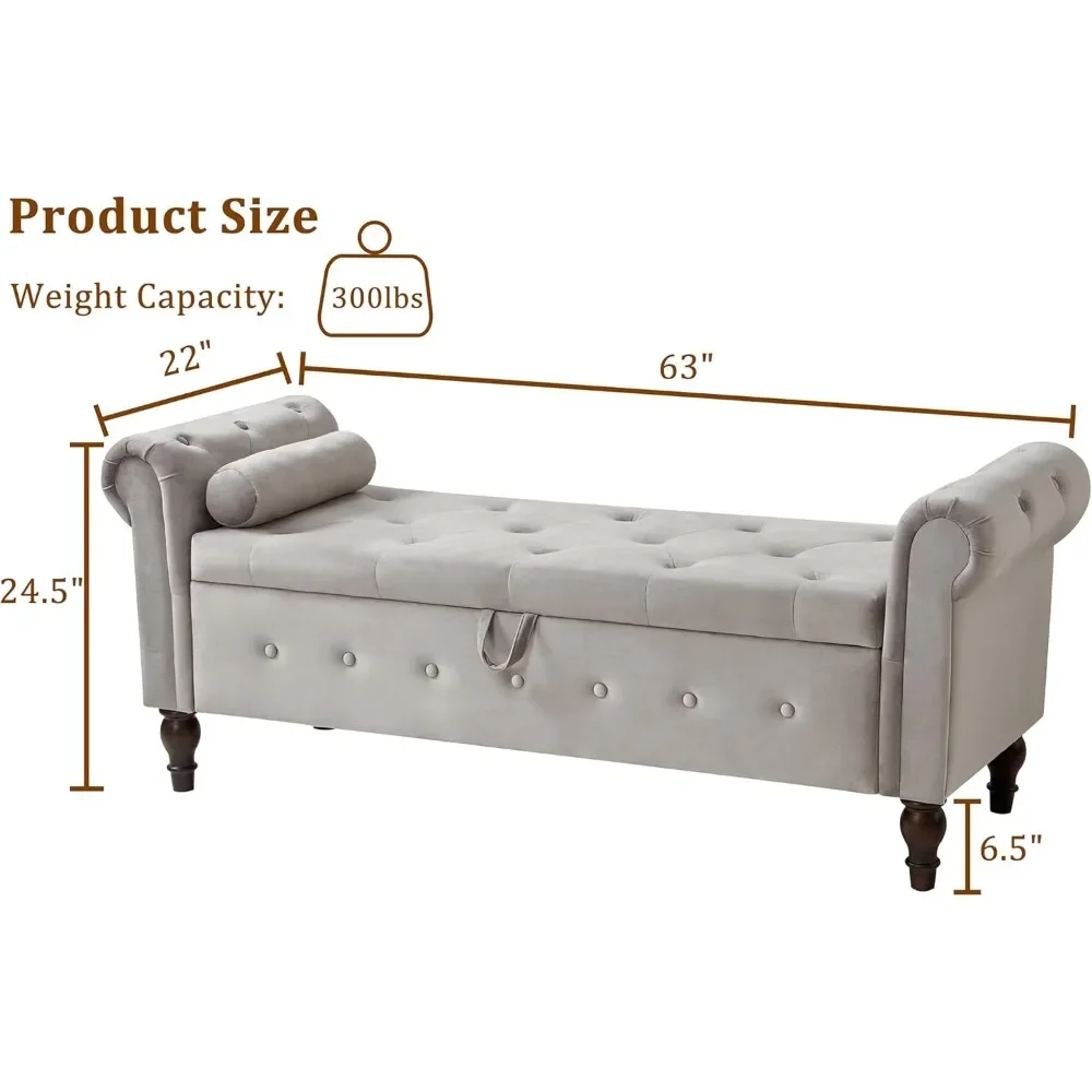 Storage Bench, 63 Inch End of Bed Storage Ottoman Bench with Rolled Arms for Bedroom, Button-Tufted Ottoman w