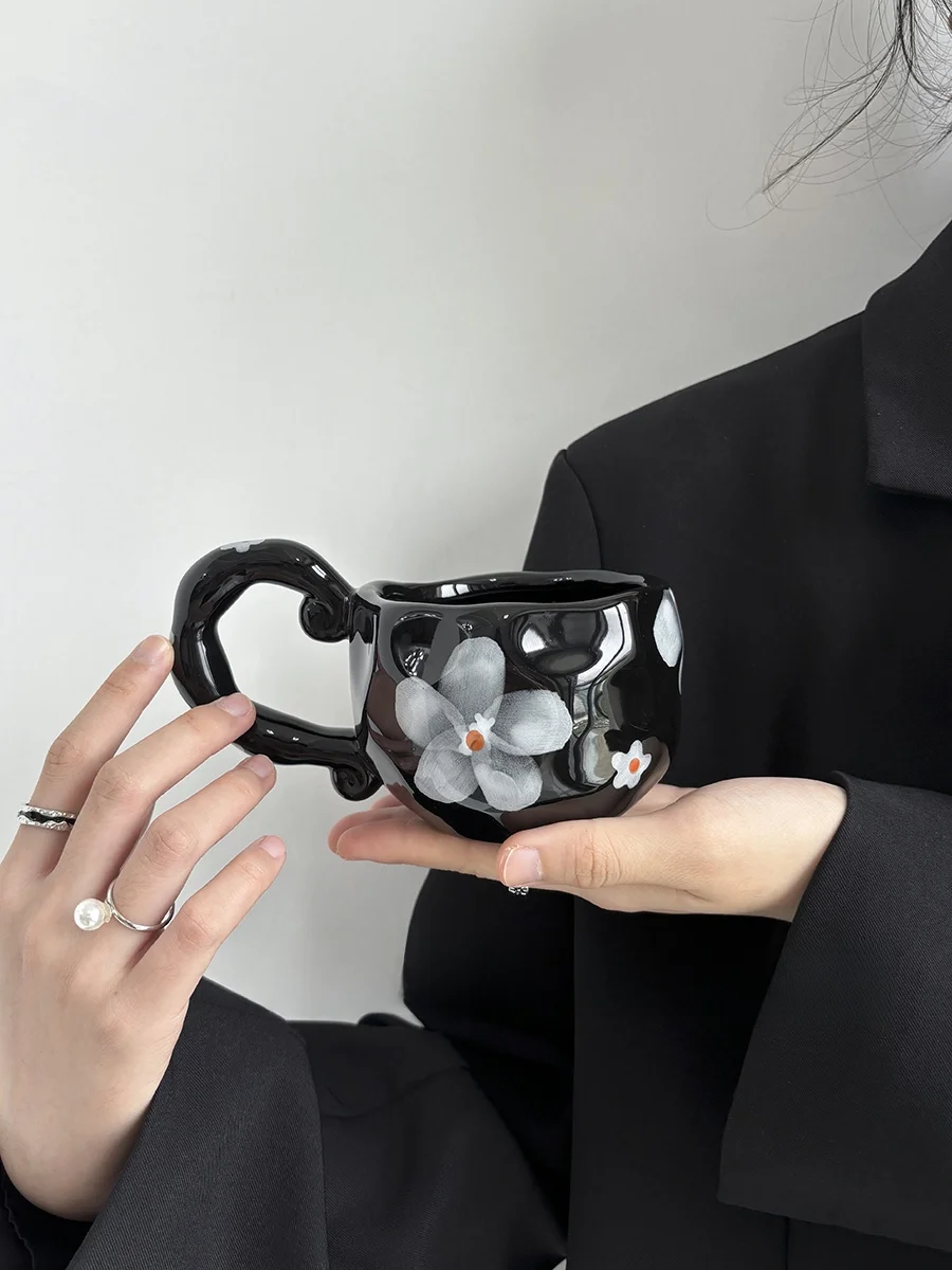 

Large Capacity Ceramic Mugs Vintage Black Fog Flower Afternoon Tea Coffee Cups Elegant Orange Half Cup Chinese Style Mugs