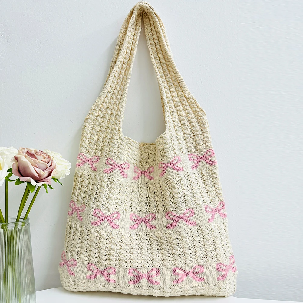 Heart Pattern Blocking Crochet Handbag Shoulder Bag Large Capacity Crochet Satchel Bag Top Handle Bag Commuting Bag Tote Bag