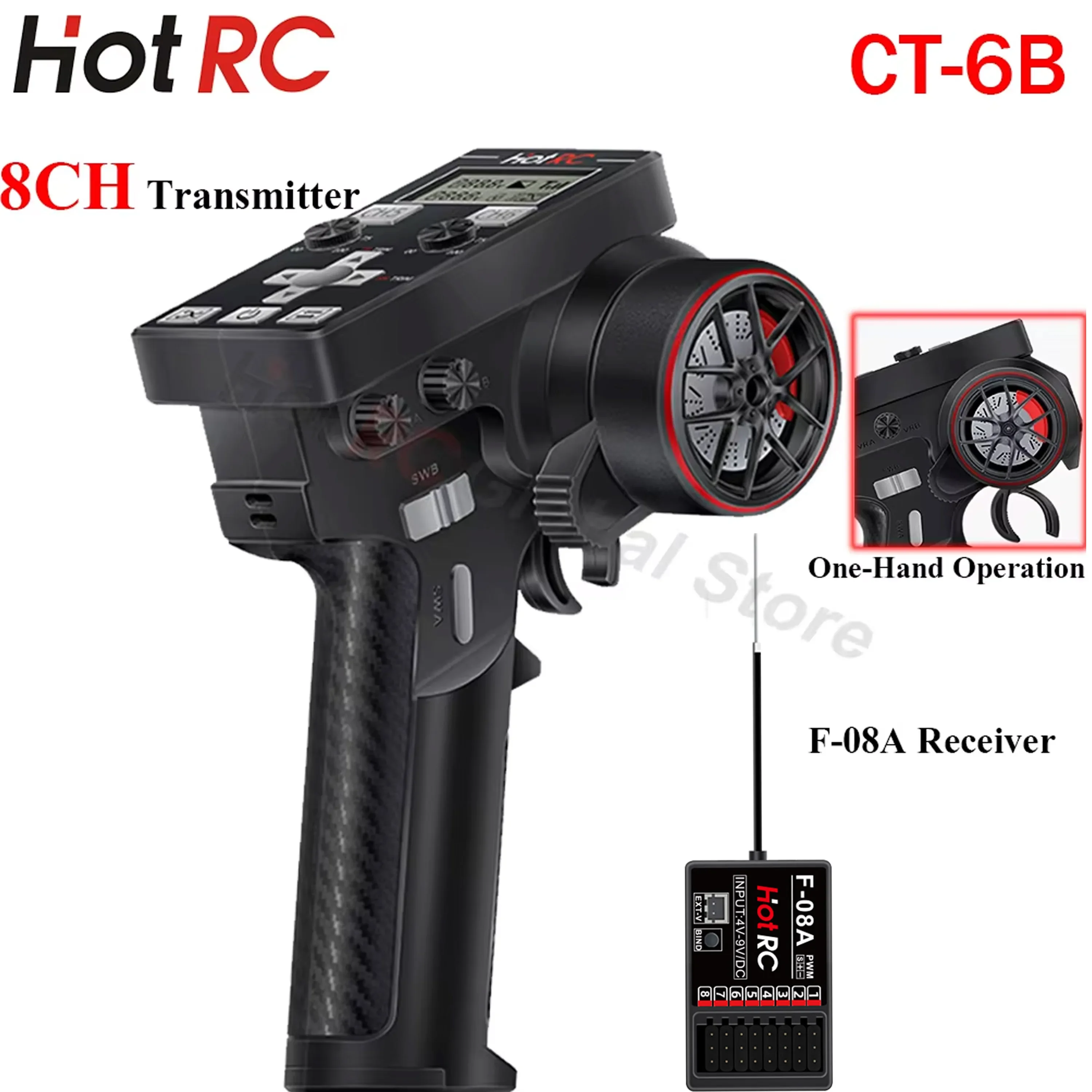 

HOTRC CT-6B 8CH 2.4Ghz One-hand Remote Control F-08A 8 Channel PWM Receiver Single Transmitter for RC Model Car Boat Ship Tank