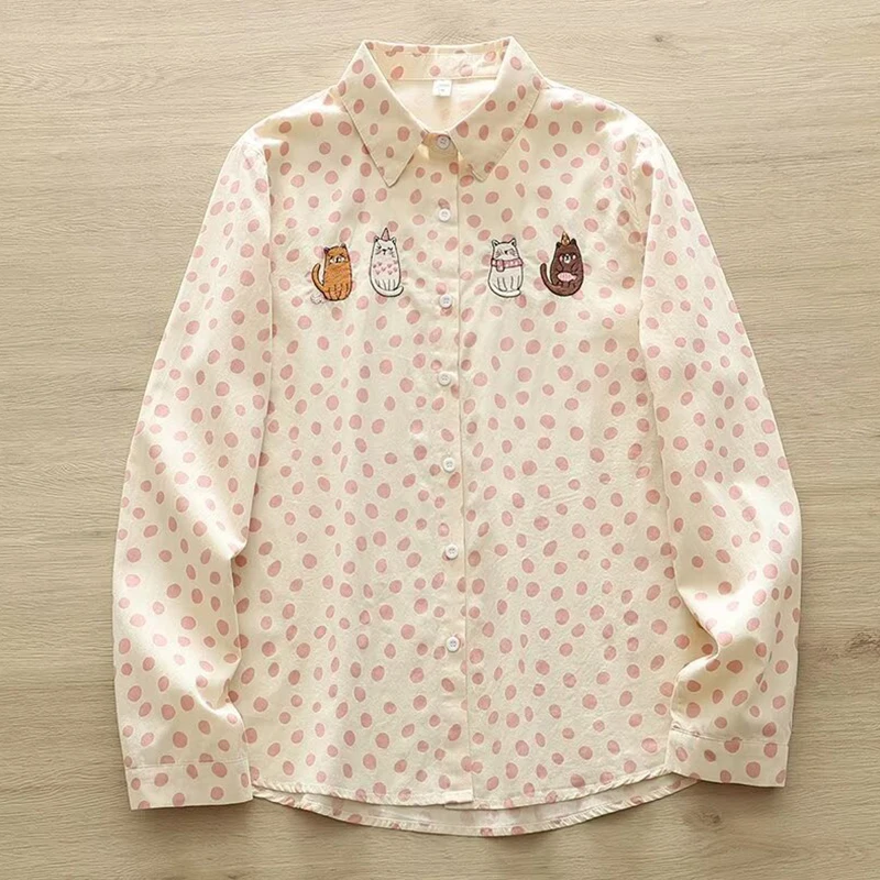 Spring Autumn Women Cartoon Print Spot Embroidered Animal Shirt Blue Pink Color Long Sleeved Female Casual Sweet Blouse Top U275