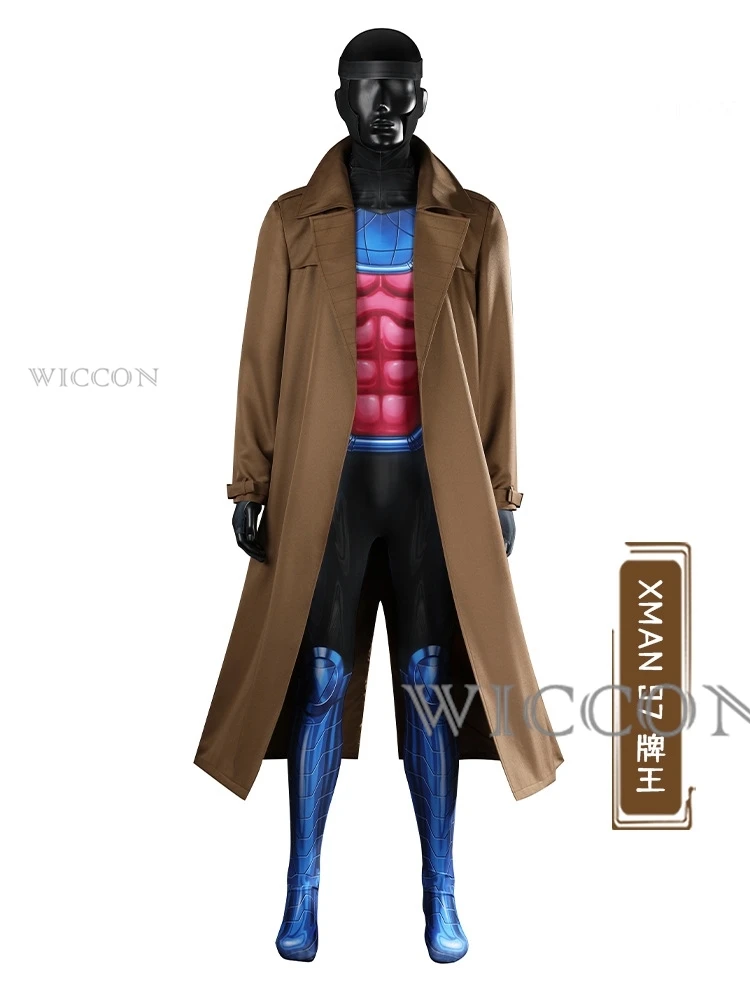 X-man Gambit Remy Cosplay Costume Men Battle Suit Leather Long Trench Vest Pants Set Superhero Halloween Carnival Outfits