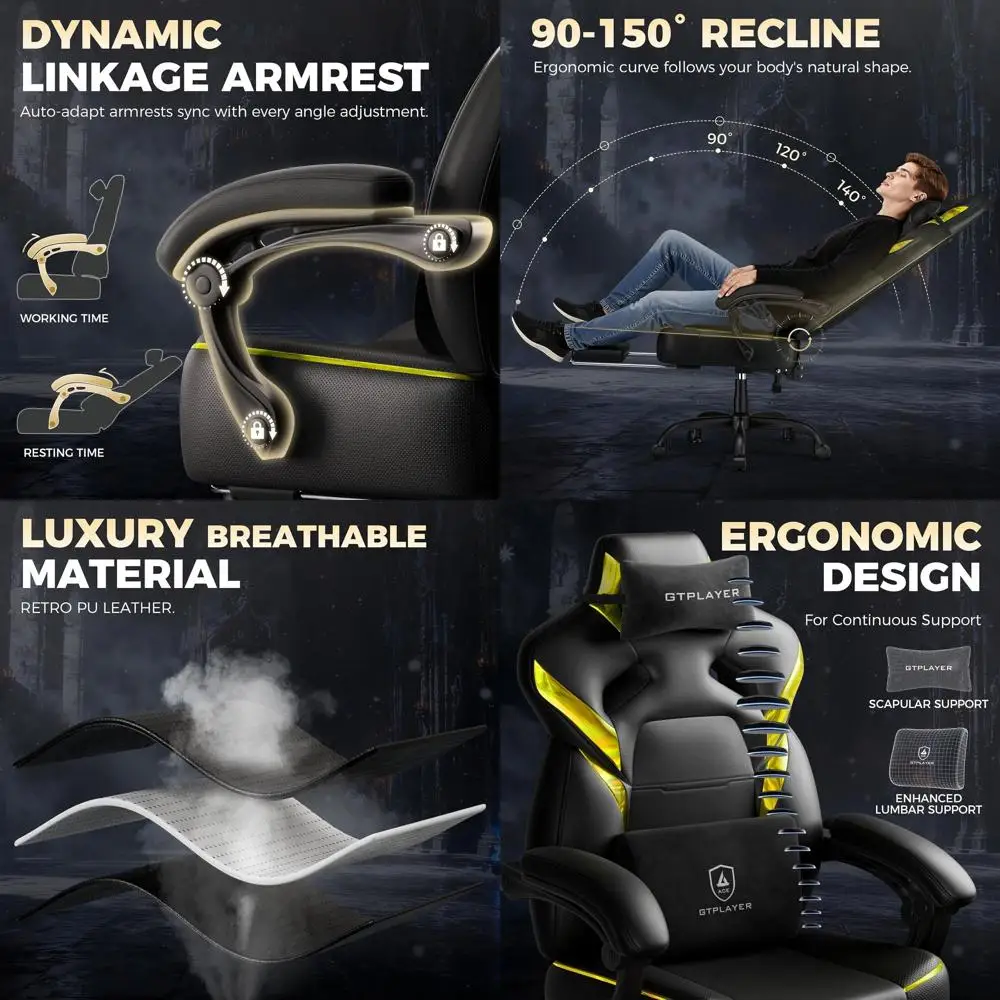 Ergonomic High-Back Gaming Chair for Adults, Heavy Duty 350 lbs, Footrest, Premium Leather with Iridescent Trim, ACE-Armor, Blac