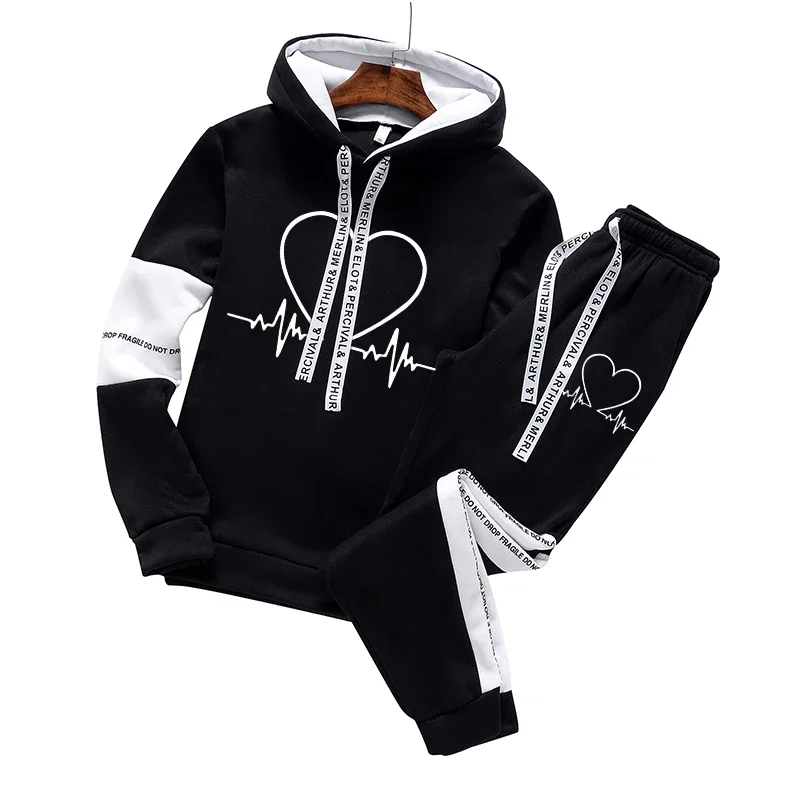 Black White Mens Tracksuit Casual Hooded Sweatshirt Jogging Sport Street Clothing High Quality Printing Tops Pants Suit S-3XL