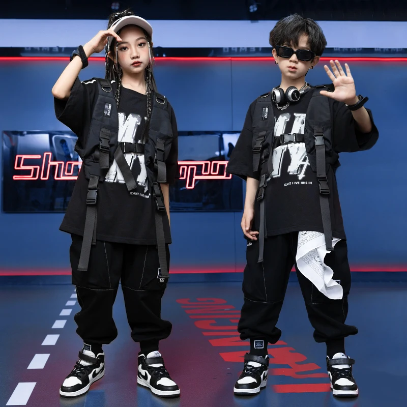 子供のkpopヒップホップトップとパンツ、ヒップホップウェア、特大Tシャツ、黒のカジュアルジョガー、ジャズ衣装、ストリートダンス服、女の子と男の子