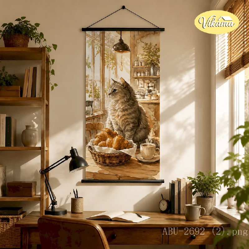 VIKAMA Cat Canvas Wall Art Calico Cat Strawberry Cake Window Watercolor Cute Animal Kitchen Wall Art Decor