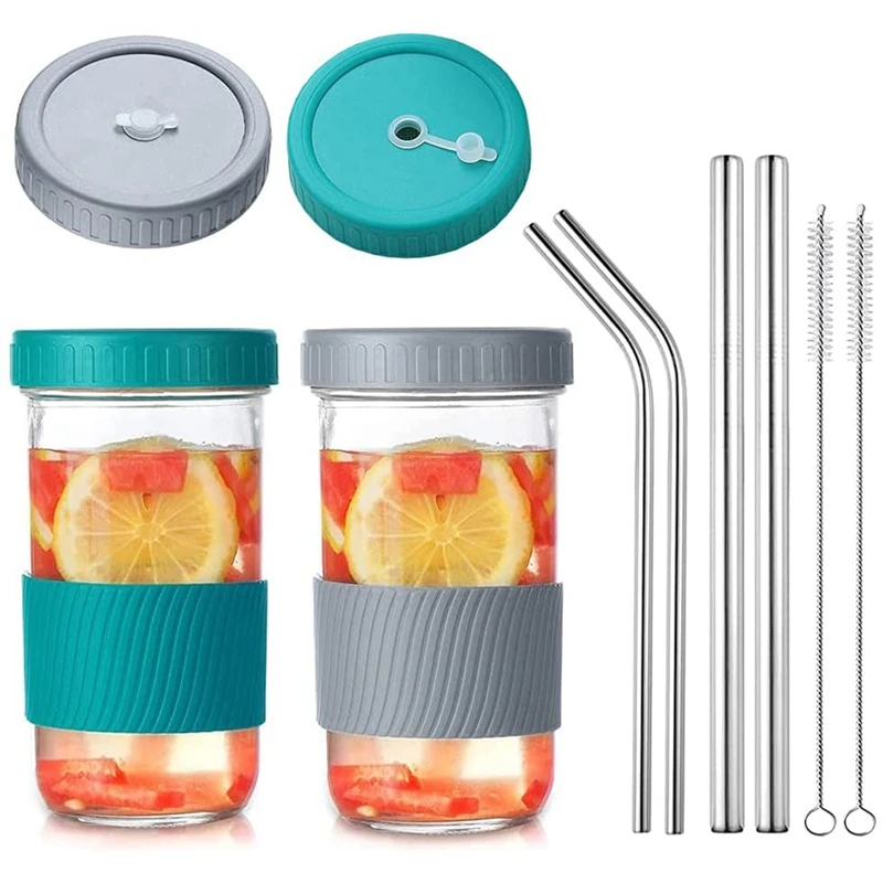 HOT-2 Pack 22 Oz Reusable Smoothie Cups Boba Tea Cups, Wide Mouth Jar Lids With Straw Hole, Including Straws & Brushes