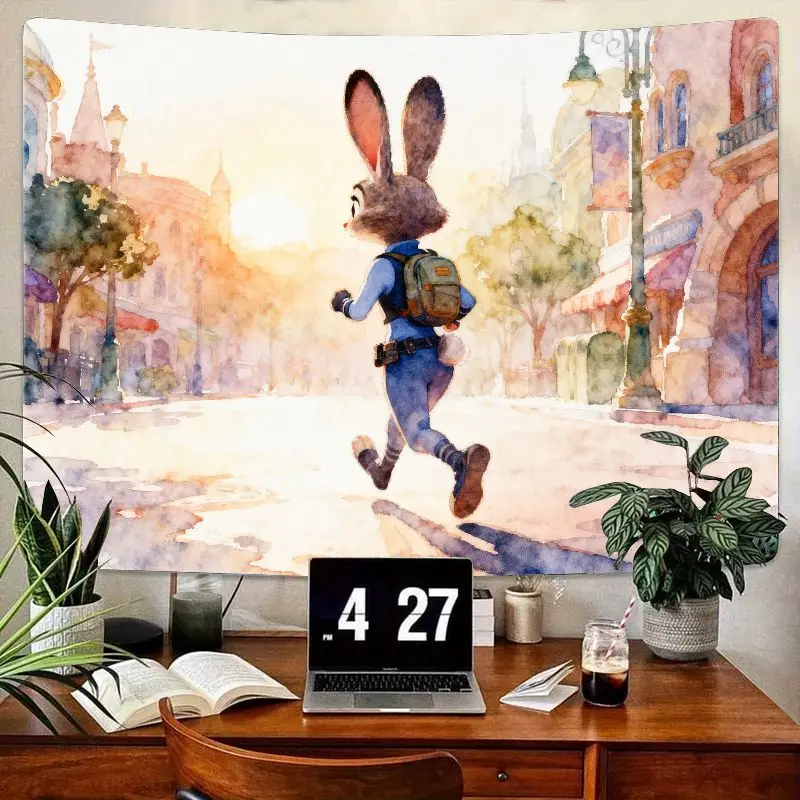 

1 шт. Judy Hopps Zootopia акварельный гобелен, милый бегущий кролик офицер настенное искусство, эстетический подарок для декора города заката